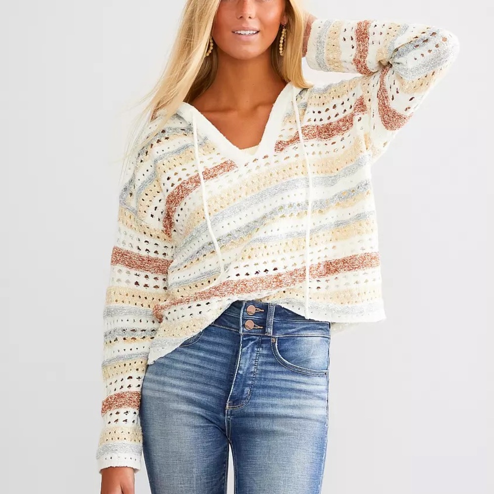 BKE Striped Pointelle Hooded Sweater